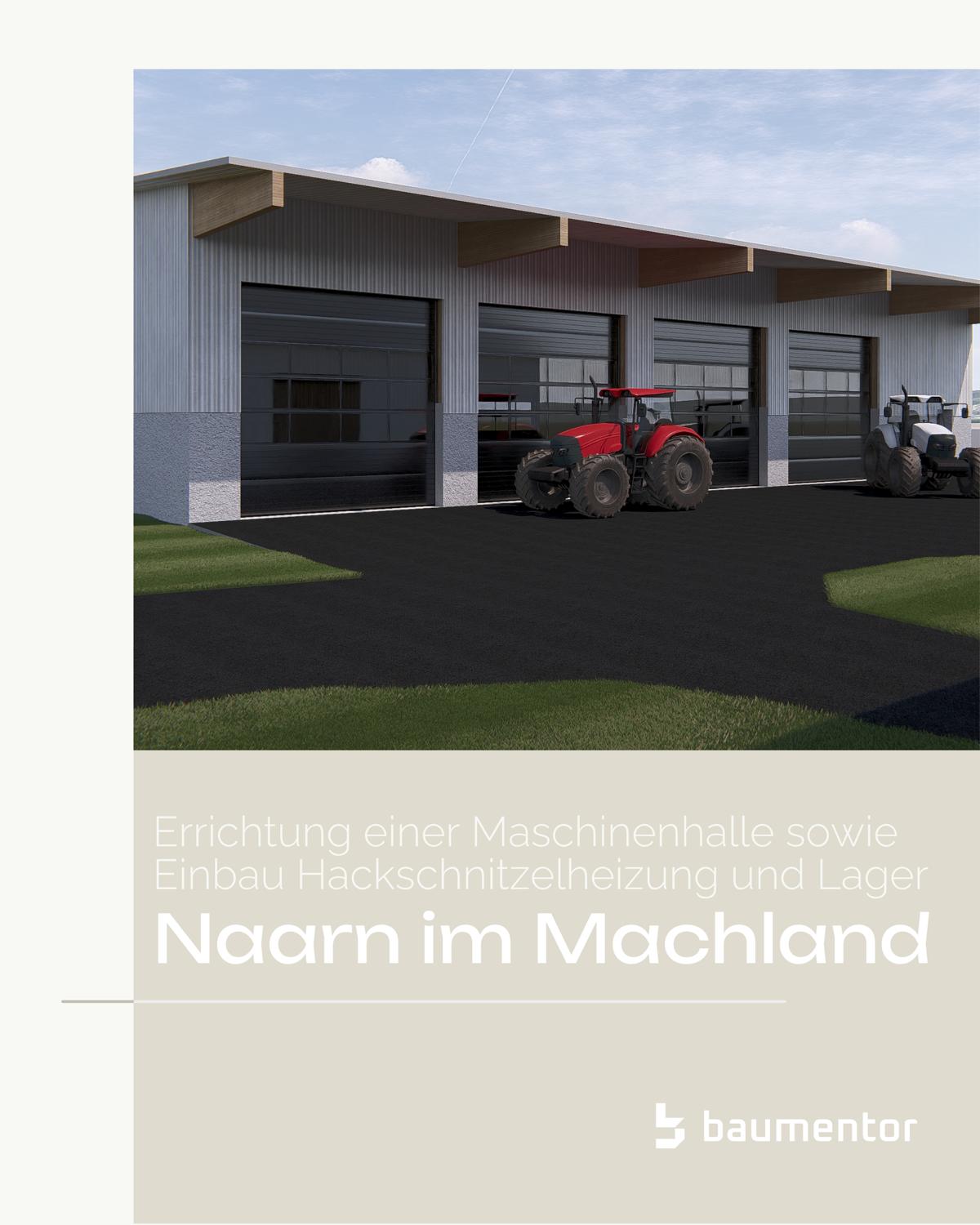 Bild zu Für ein Bauvorhaben in Naarn erstellt die BAUMENTOR GmbH den Entwurf und den Einreichplan für eine Maschinenhalle mit Werkstatt, Hackgutlager und Technikbereich für eine Hackschnitzelheizung.