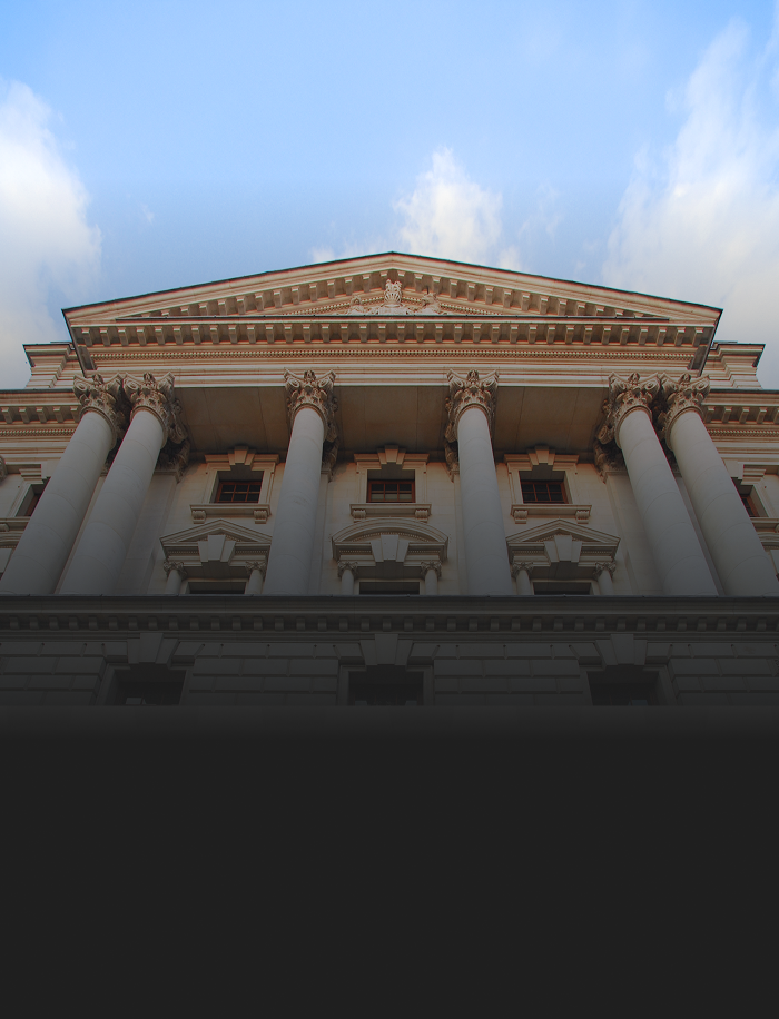 A classical architecture façade of a financial institution.