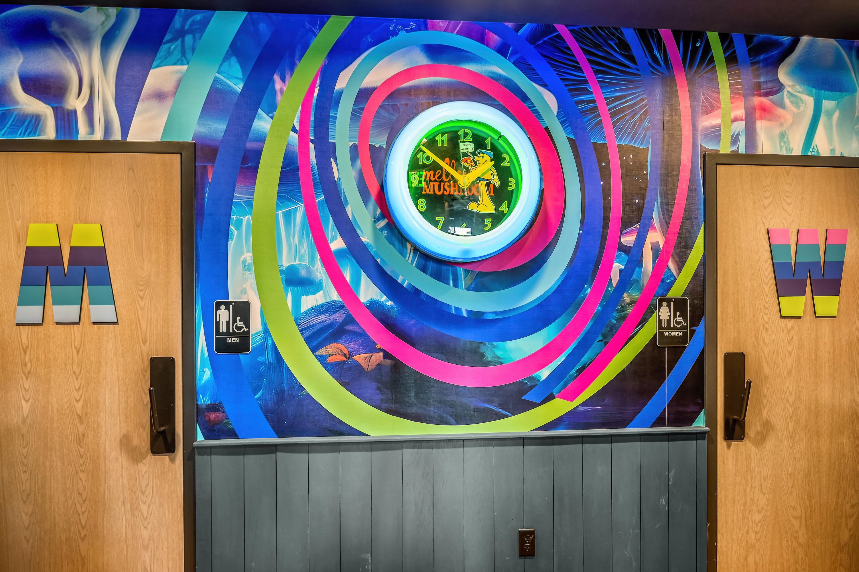 mellow mushroom mural and wall clock