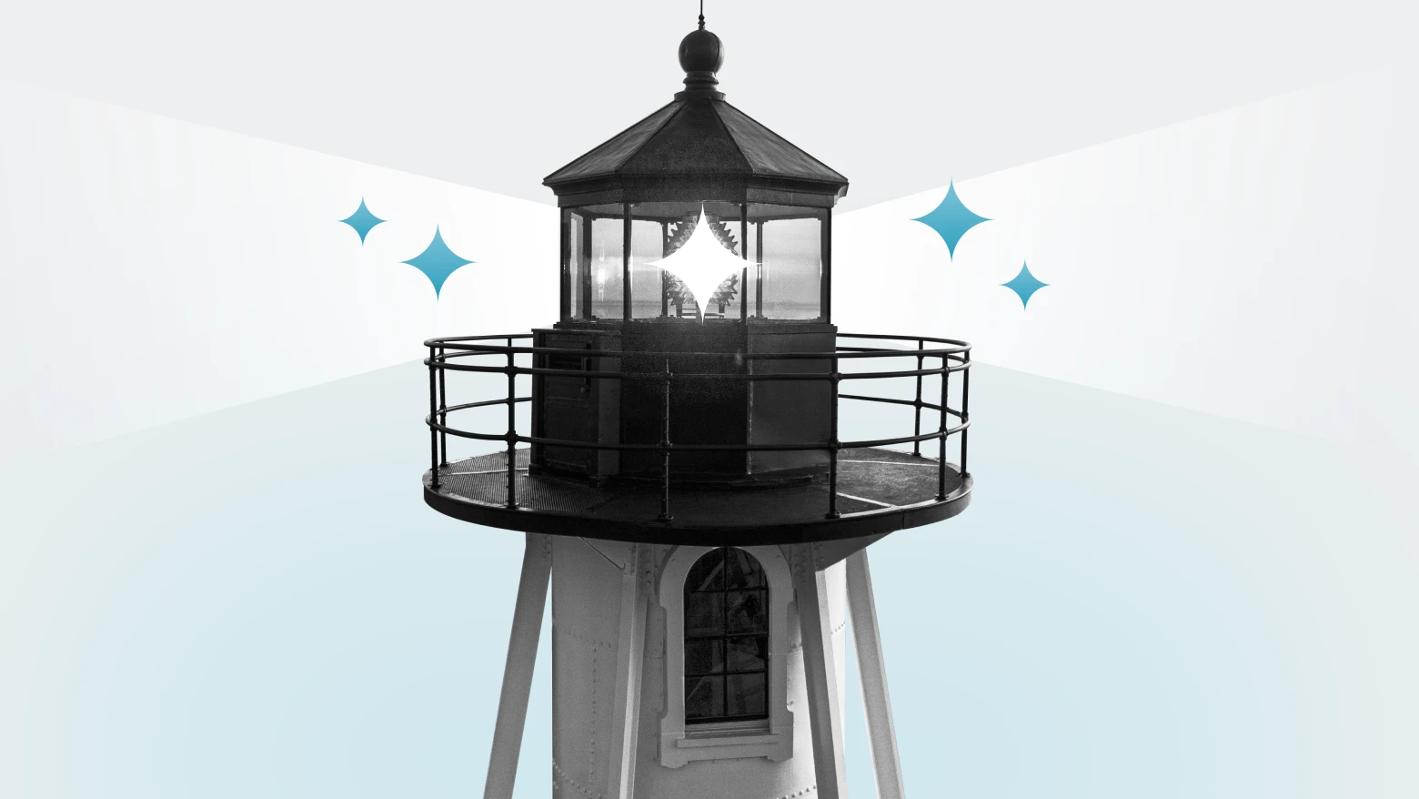 Phare éclairé avec rampe circulaire, diffusant une lumière brillante dans deux directions, symbole de visibilité et de guidance.