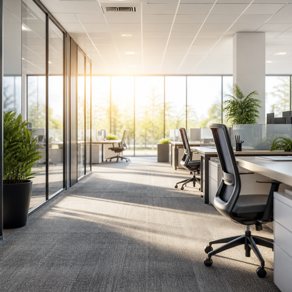 Sunlit open-plan office after a full commercial cleaning, with vacuumed carpet, dusted workstations  