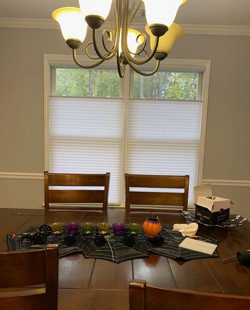 You need a bit of flexibility in the dining room! Sometimes you want morning sun, other times not—and once in a while, dinner is best when enjoying the view. We installed Top-Down, Bottom-Up Cellular Shades in this Dallas home and it’s the perfect solution!  #BudgetBlindsKennesawAcworthDallas #Cellu