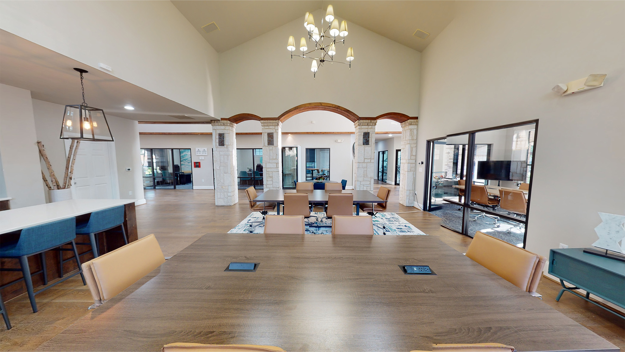 Community tables with convenient charging ports make the perfect spot for collaboration!