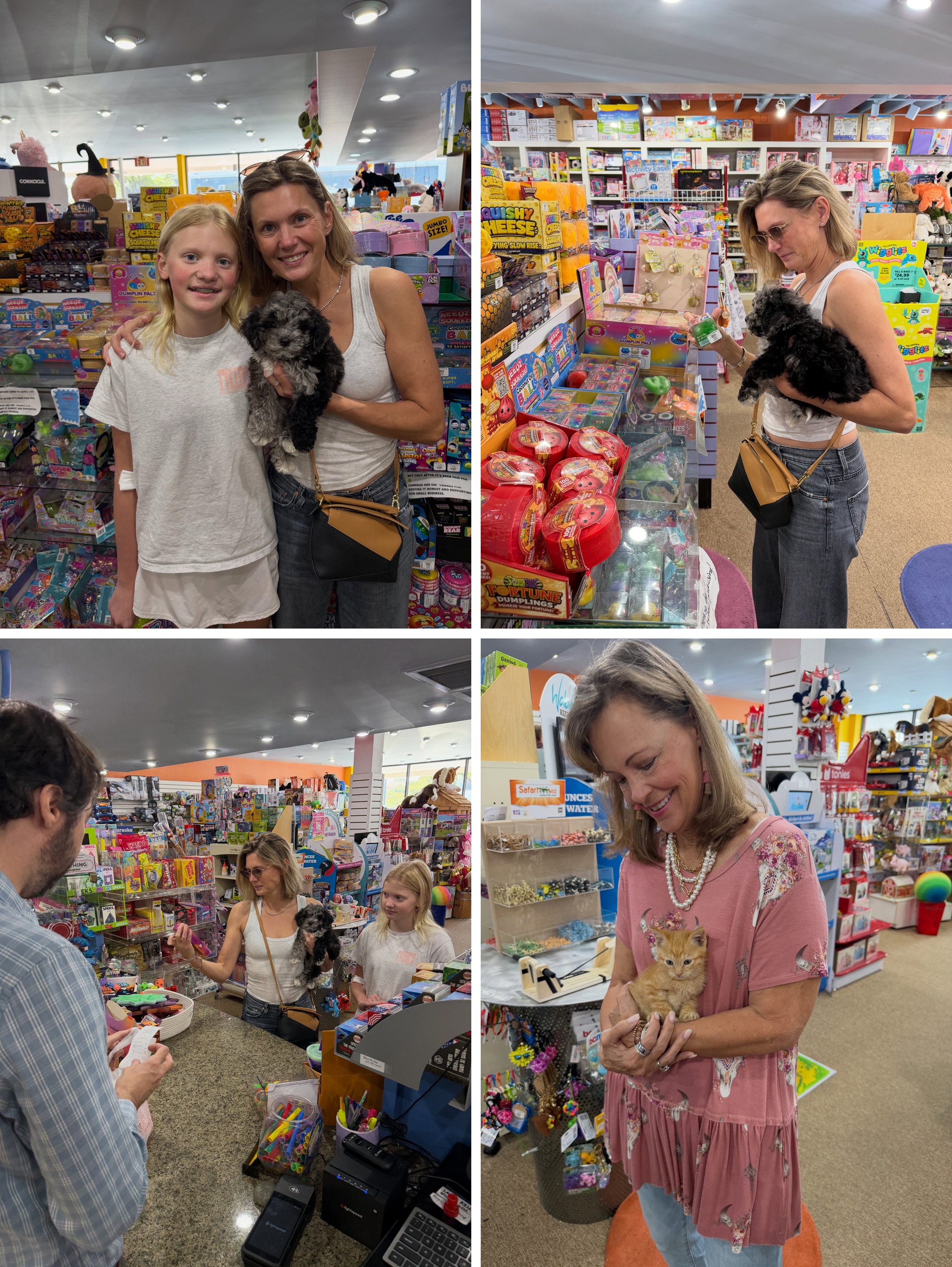 Four paws bring extra smiles to Toys Unique! Dallas. This collage captures customers shopping with a furry puppy and a tiny kitten among colorful toy displays at the cheerful Inwood Village toy store.