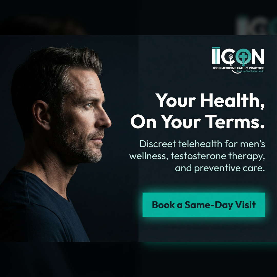 A profile of a man is shown on the left side of the image, with text and a logo on the right. The text says "Your Health, On Your Terms." Below that, it says "Discreet telehealth for men's wellness, testosterone therapy, and preventive care." A bright green button says "Book a Same-Day Visit." The logo at the top right is for ICON MEDICINE FAMILY PRACTICE.