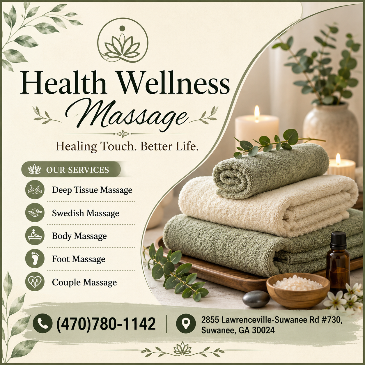 Massage techniques are commonly applied with hands, fingers, 
elbows, knees, forearms, feet, or a device. 
The purpose of massage is generally for the treatment of 
body stress or pain.