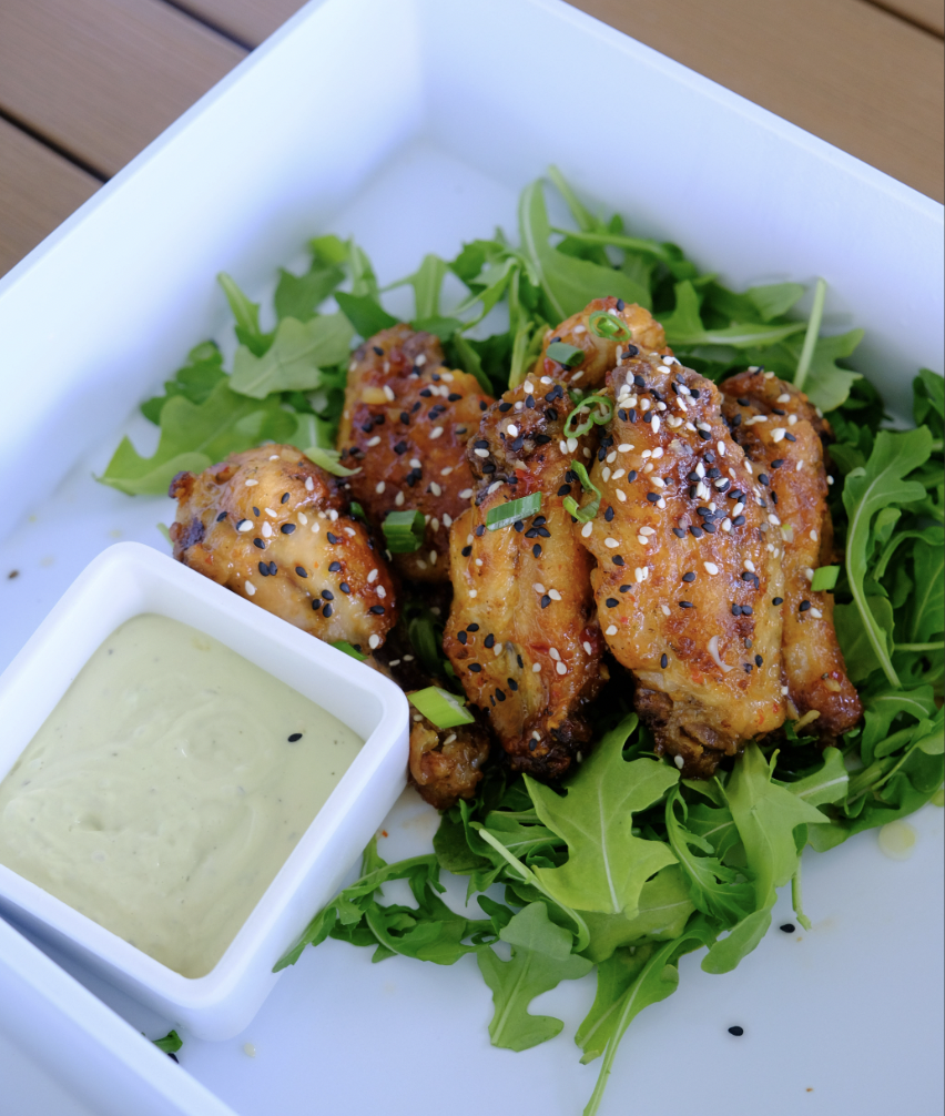 WINGS Orange Chili Honey or Pineapple Teriyaki-Glazed Wings, Green Onion, Sesame, Spicy Avocado Ranch
