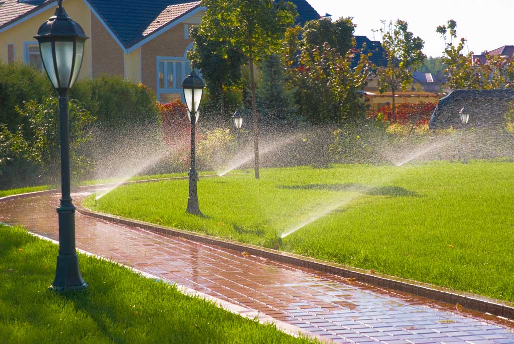 A multi-zone residential irrigation system watering a large estate lawn next to a paver walkway and outdoor landscape lighting.