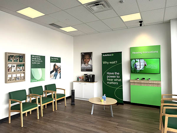 Interior photo of waiting area in the AudioNova hearing clinic in Downers Grove, IL