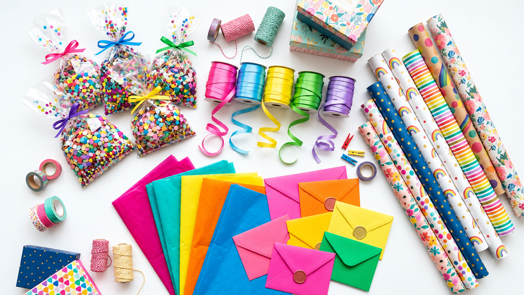 Explore colorful gift wrap, ribbons, tissue paper, envelopes, tags, and party supplies at The Paper Store and More. Find cheerful details for birthdays, celebrations, and thoughtful gifts in store.