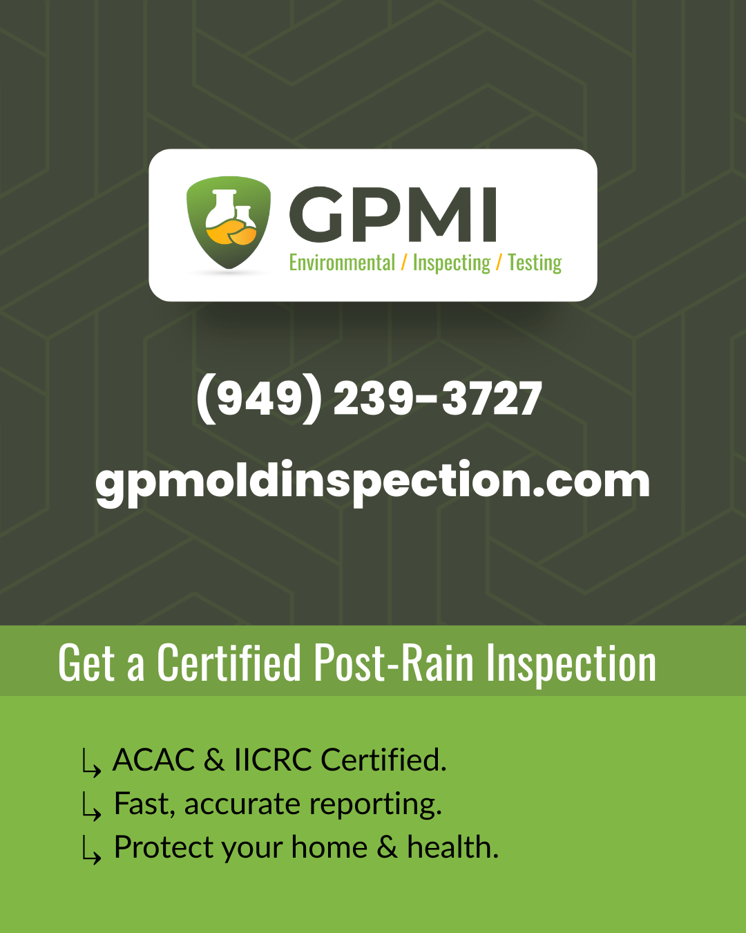 GPMI branded contact image highlighting certified mold inspection services with phone number and website information.
