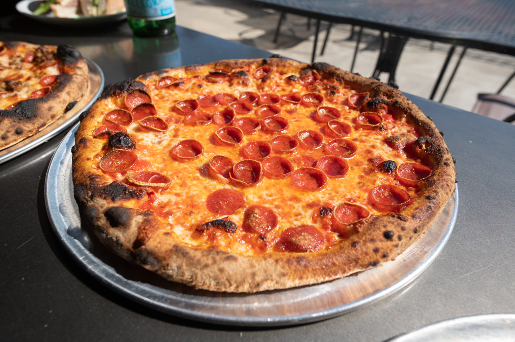 Authentic wood fired pepperoni pizza. Ingredients shipped in from Italy for a truly authentic experience.