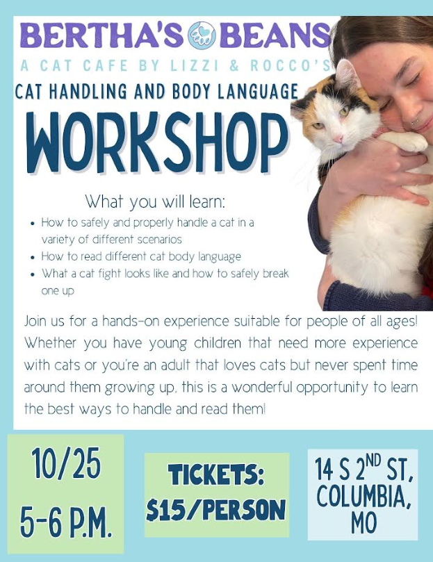 Join Bertha's Beans Cat Cafe for cat handling and body language workshop on October 25 5–6 PM, in Co 