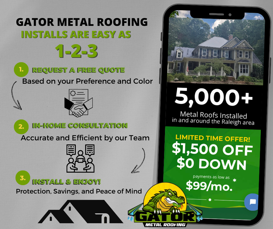 It’s easy as 1-2-3 to upgrade to an energy-efficient Gator Metal Roof. 1. Get a free Estimate 2. Inhome consult by our team 3. Install and enjoy!