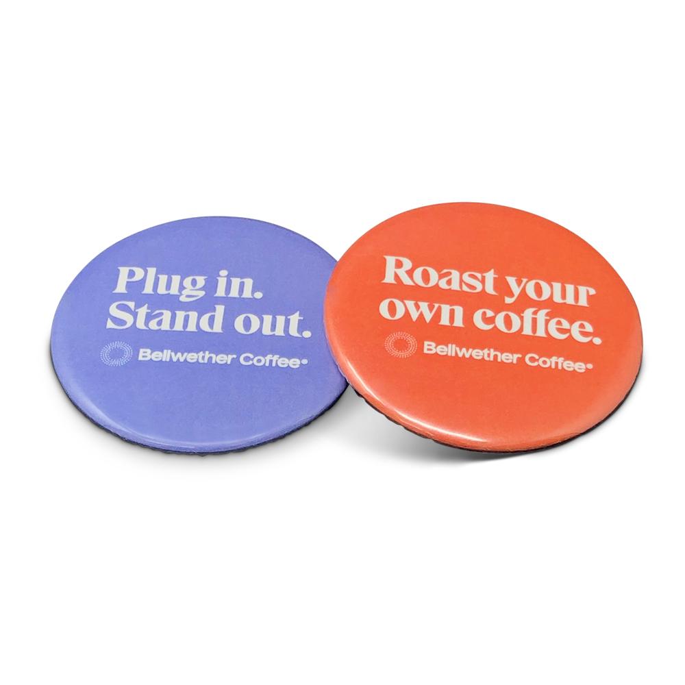 Buttons for Bellwether Coffee. Branded merch by PLC Print.