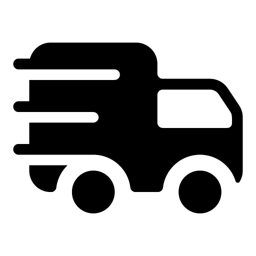 A black and white graphic icon of a delivery truck, depicted in a simplified, stylized manner. The truck has a distinct cab with a window and a larger cargo area. Three horizontal lines with rounded ends extend from the left side of the cargo area, suggesting motion or speed.