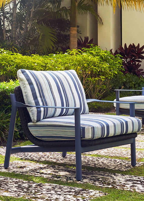 Image of a blue and grey striped outdoor lounge chair