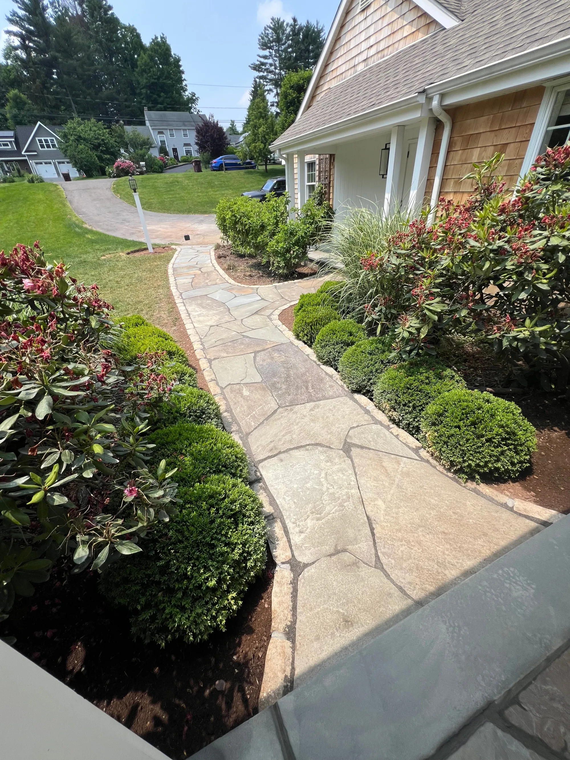 Bluestone walkway with lakeside views in West Hartford CT - Bluestone Walkway, West Hartford project by General Masonry LLC.