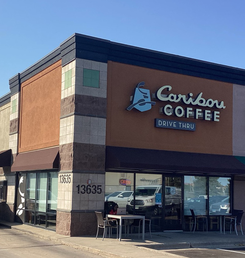 Storefront of the Caribou Coffee at 13635 Northdale Boulevard in Rogers