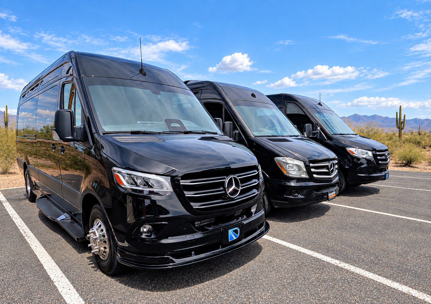 Tribute Transportation Mercedes-Benz shuttle vans parked together in Southern Arizona.
