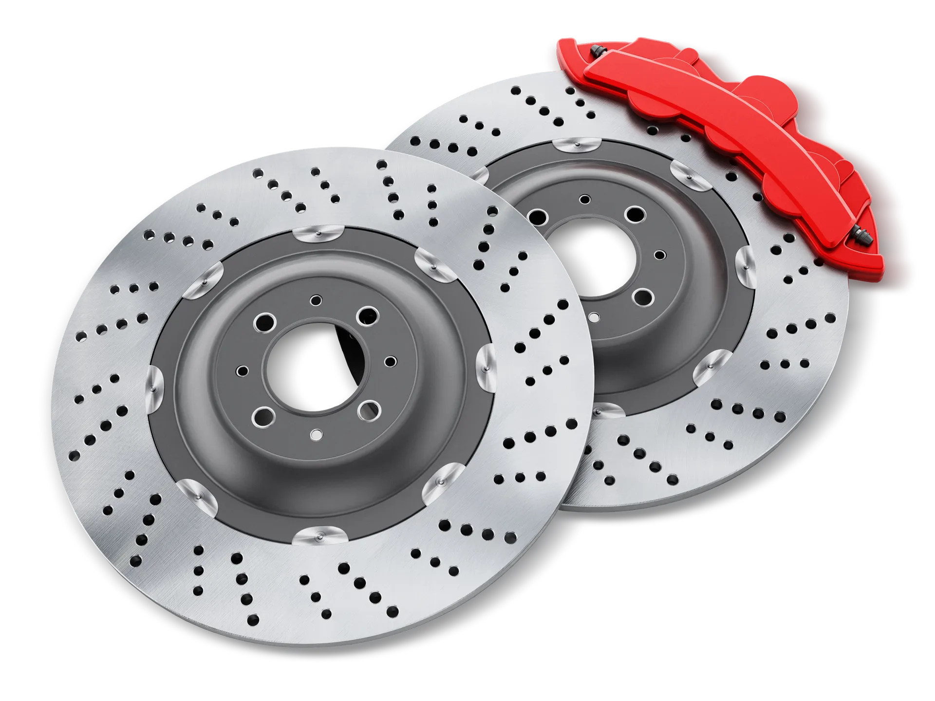 A pair of high-performance ventilated brake discs, one with a red brake caliper attached, are showcased against a black background. The brake discs are silver and feature numerous drilled holes for cooling, with small metal elements securing the outer ring. The red caliper is a vibrant, glossy finish with visible bolt details.