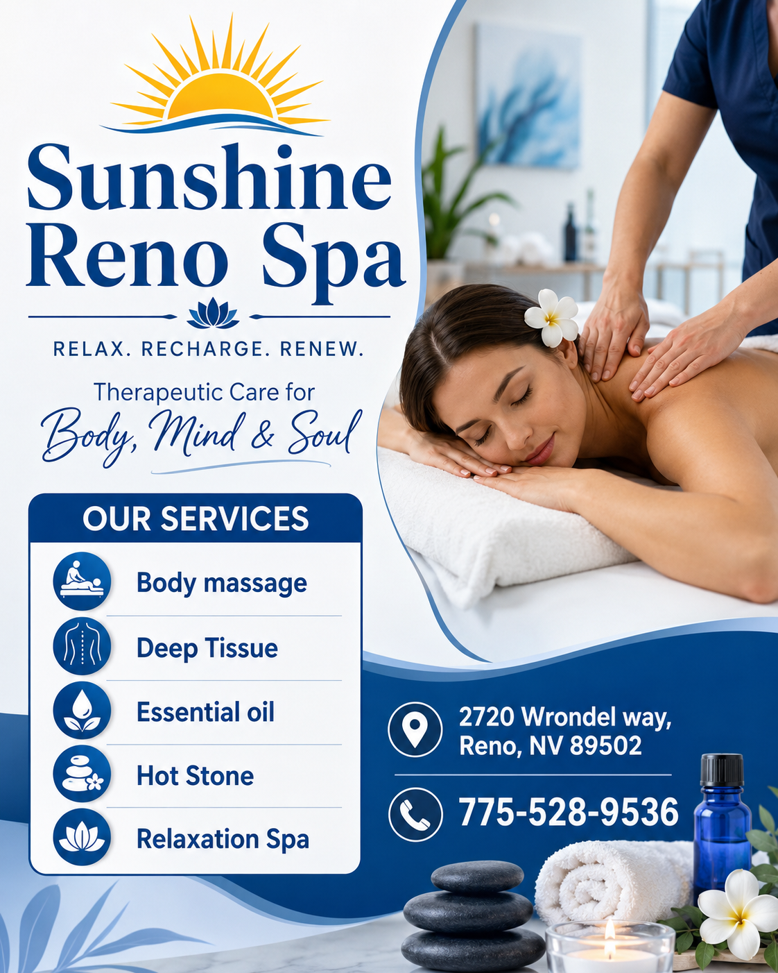 Whether it's stress, physical recovery, or a long day at work, Sunshine Reno Spa has helped
many clients relax in the comfort of our quiet & comfortable rooms with calming music.