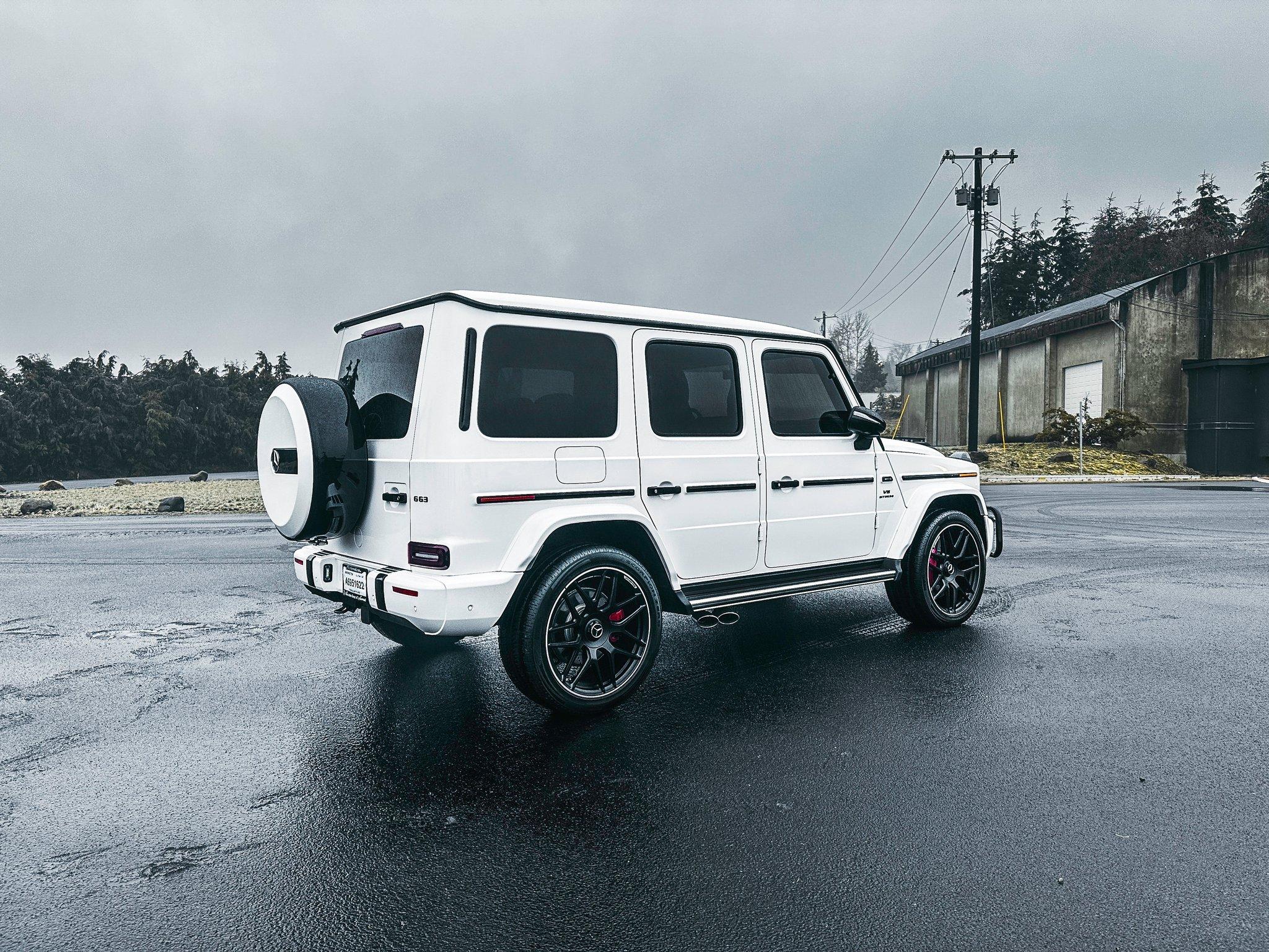 White color change wrap on a Mercedes-AMG G63, a paint-protecting new look installed by Ardor Printing in Snohomish, WA.