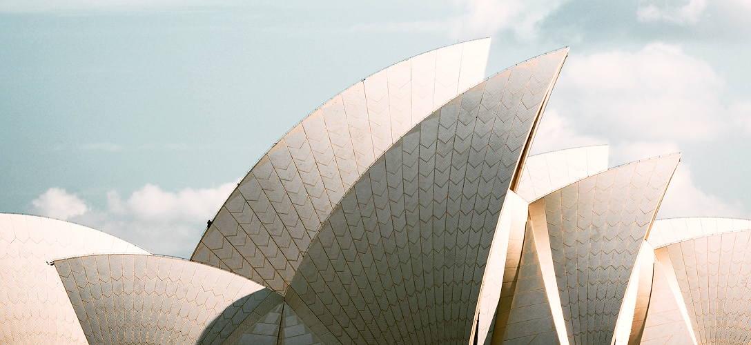 The iconic white shell roof of the Sydney Opera House in Australia.