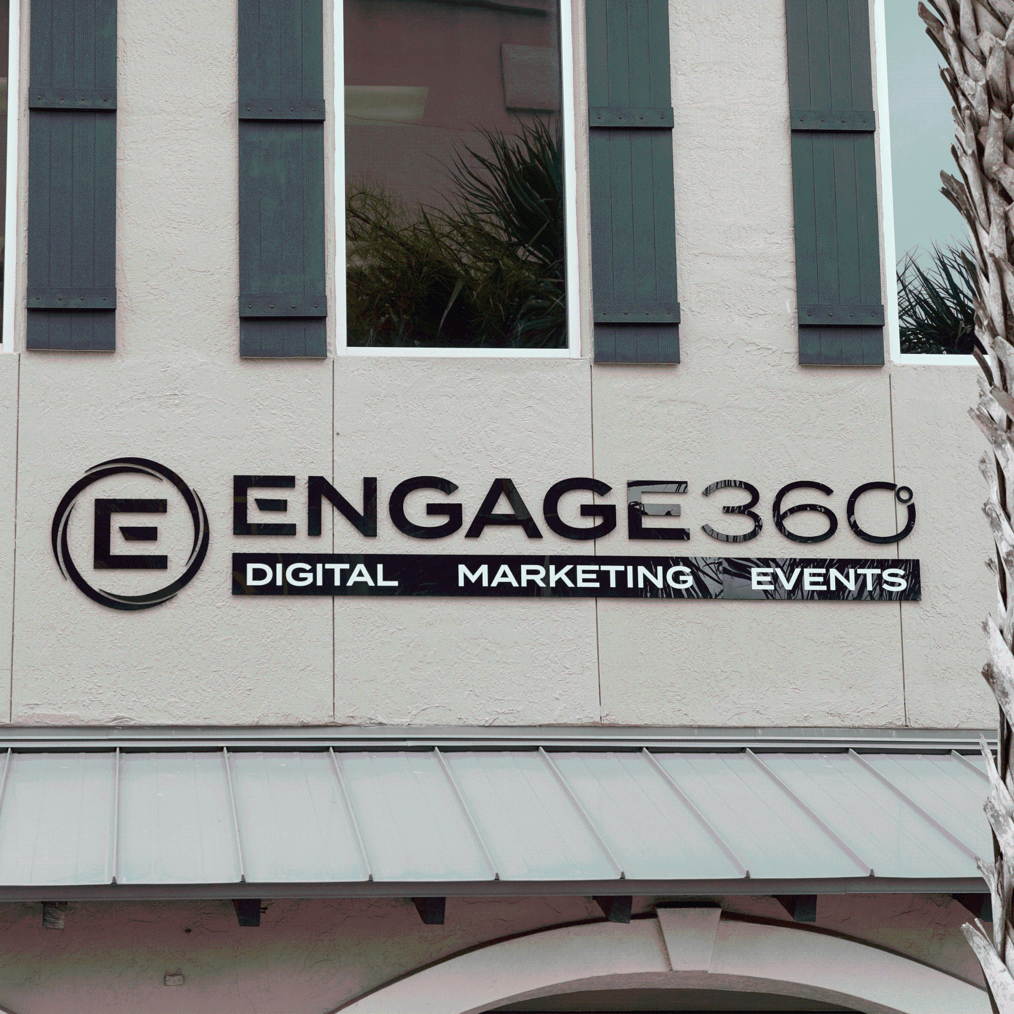 Engage360 outdoor signage with description underneath stating "Digital, Marketing, Events"
