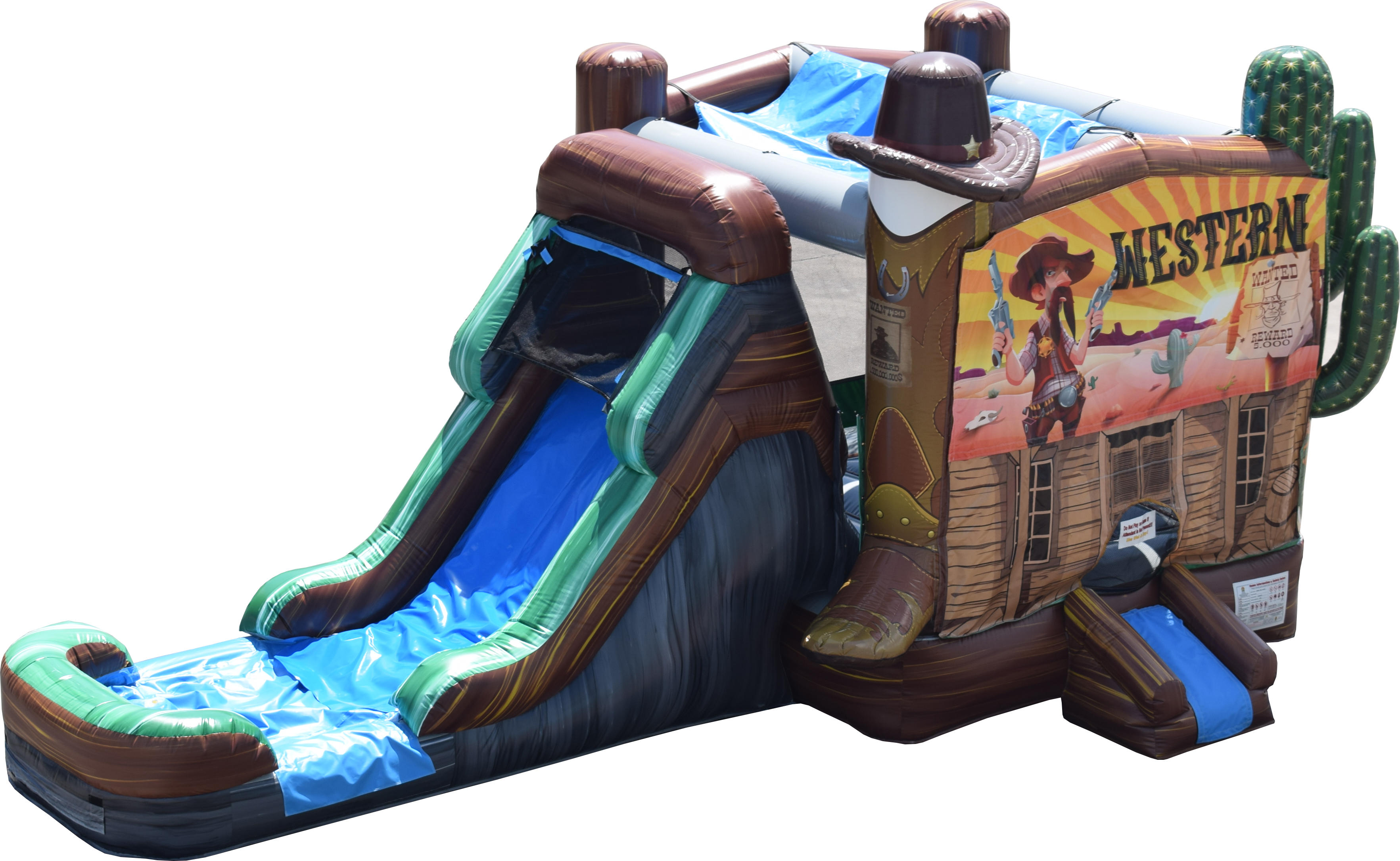 This beautiful action packed western theme inflatable for rent can be found all over in the Hamptons, Nassau county and Suffolk County....
 
Comes with basketball net...Client supplies the ball....Rock climbing steps
bounce and slide.............
 
This western inflatable is the perfect addition for all your western theme inflatable parties.....Don't forget to add the Mechanical bull rental with some tent, table and chair rentals...........