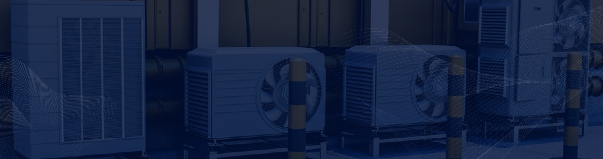 A graphic overlay with wave patterns on a dark blue background, featuring an arrangement of industrial air conditioning units or HVAC components. The units are predominantly gray and white with visible vents and fans, and some are flanked by yellow and black striped safety bollards. The overall scene suggests an industrial or commercial setting related to climate control or machinery.