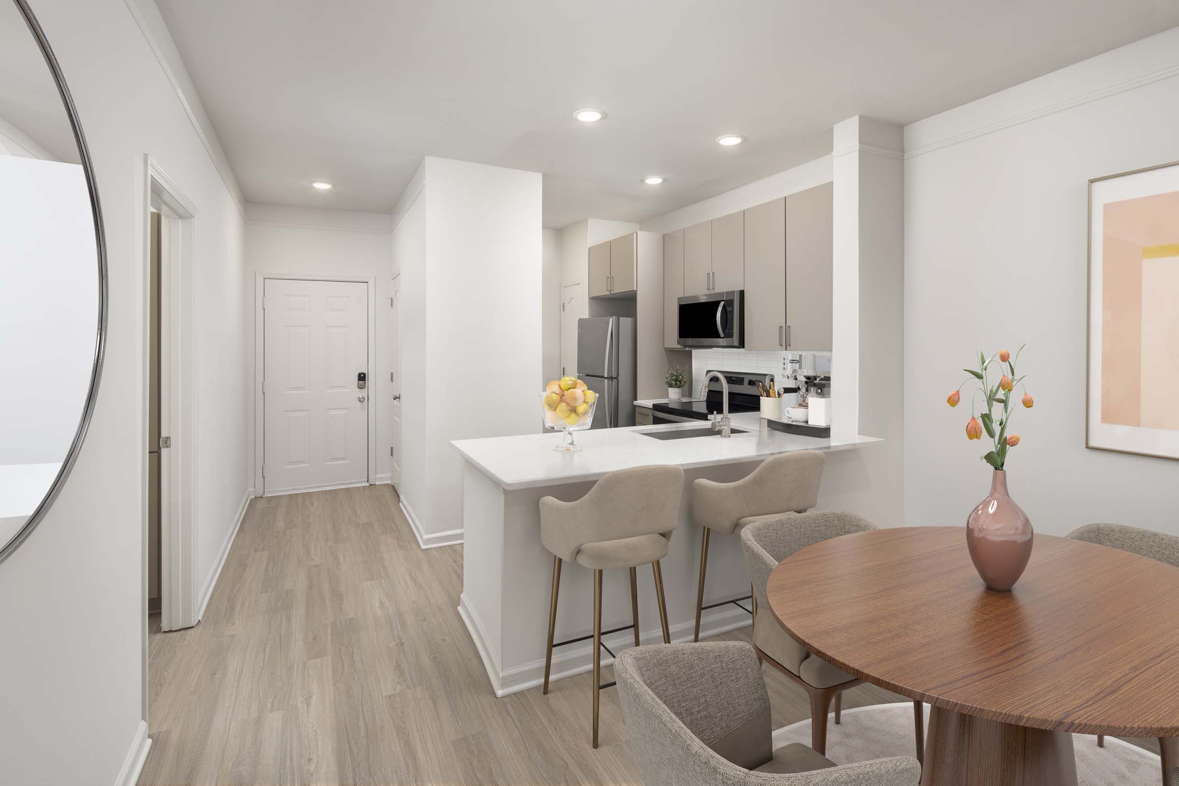 Our one bedroom apartment homes offer dining space and seating at the island space to entertain guests and enjoy dining.