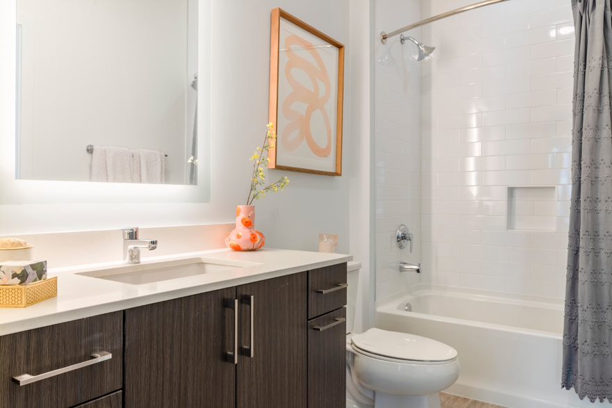 The Vale bathrooms feature clean lines and high-end fixtures.