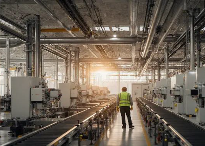 A modern industrial manufacturing facility featuring an automated production line and a worker in a high-visibility safety vest.