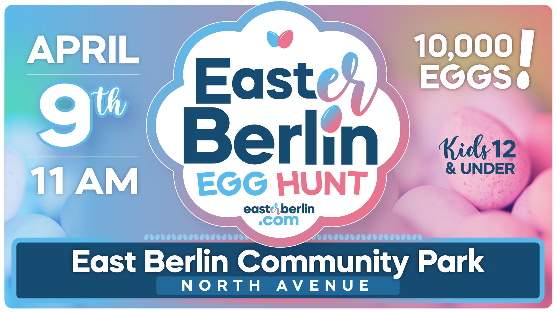 Why Not Advertising, LLC created the branding for the Easter Berlin Egg Hunt event at East Berlin Community Park in East Berlin, PA. It's a great event for kids under 12 and to kick off the Spring season and the holiday. 10,000 Eggs at least will be hunted!
