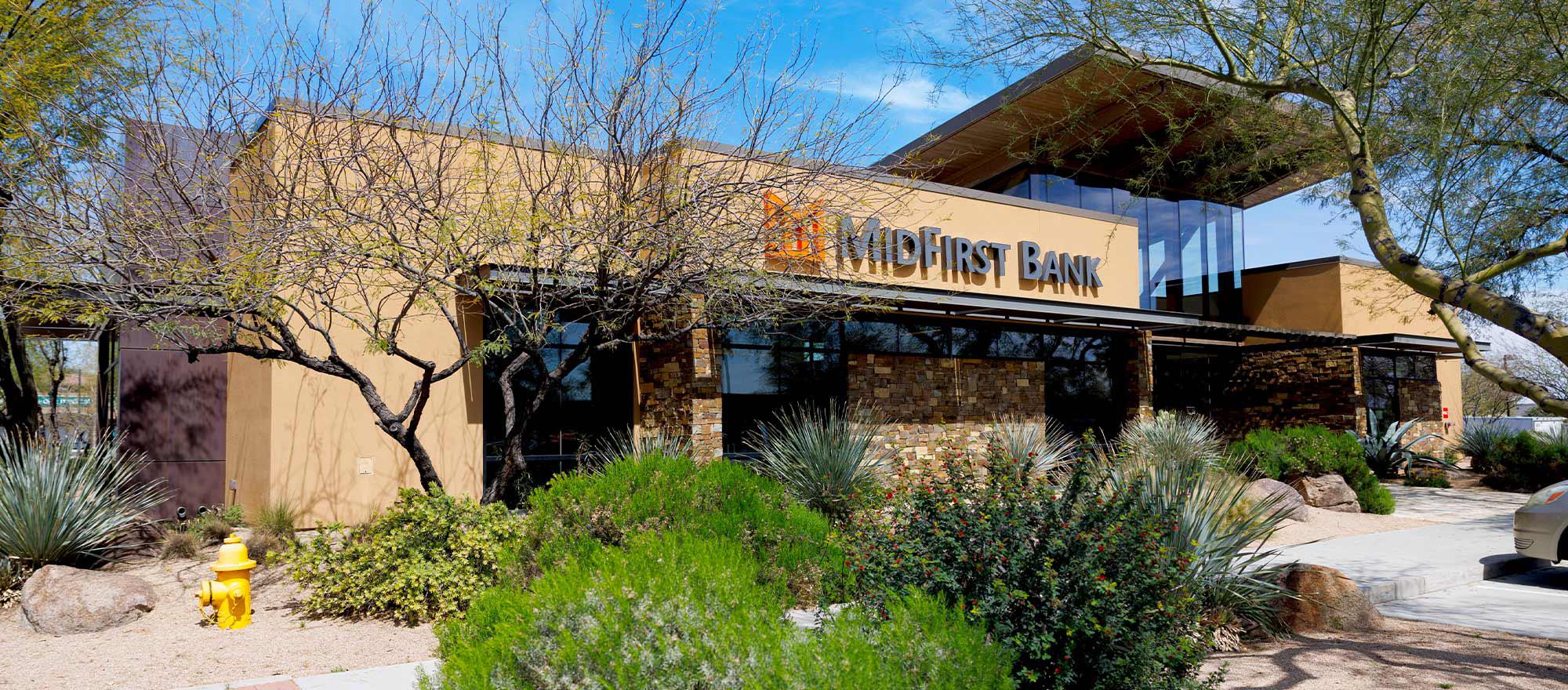 Exterior of MidFirst banking center location at Cotton and Bell in Surprise, Arizona.