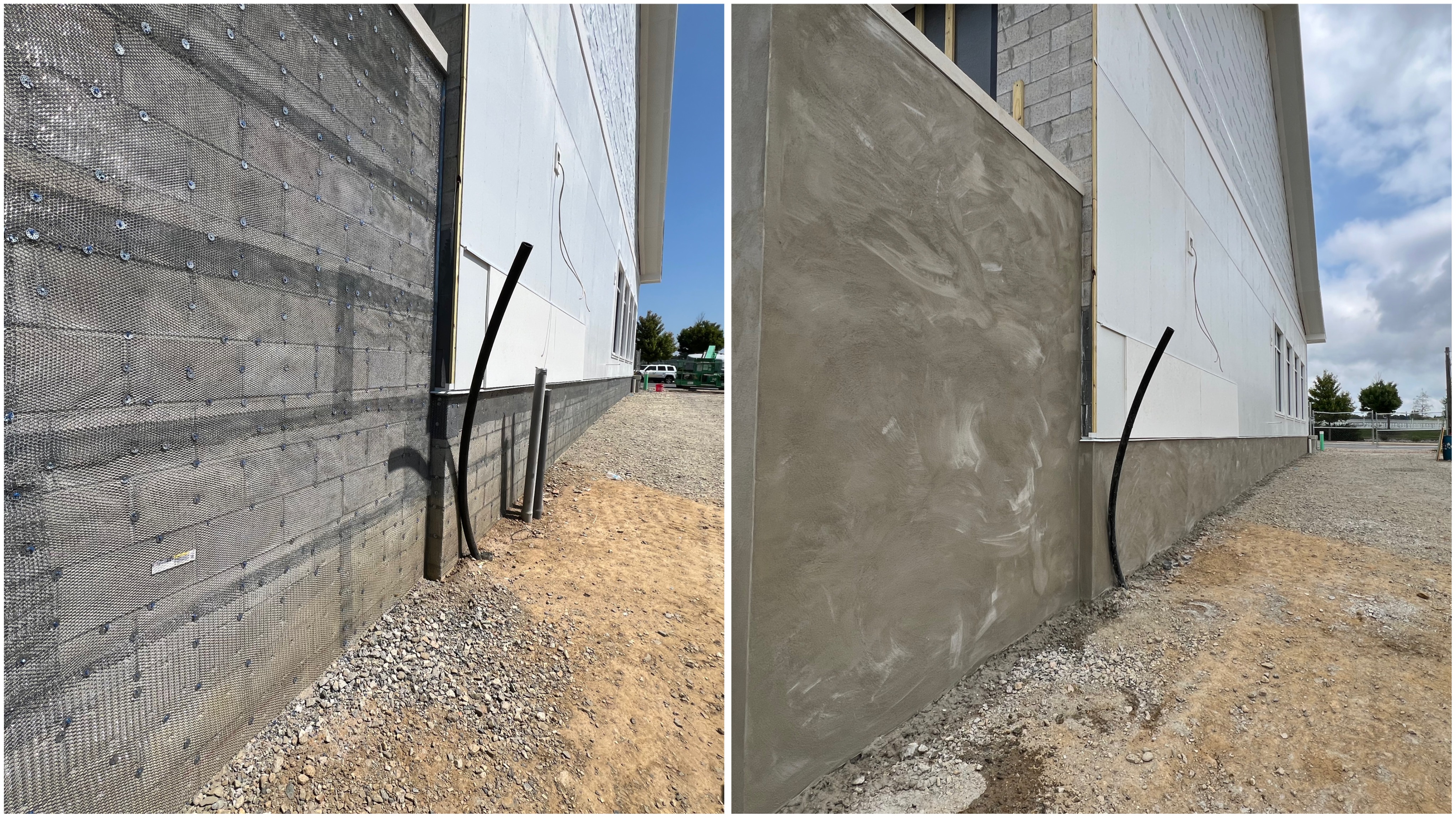 Before-and-after commercial stucco installation completed by LePore Stucco Services on a building exterior. This project shows reinforced wall preparation followed by the application of a new stucco base coat to create a durable, weather-resistant foundation. LePore Stucco Services provides professional stucco installation and exterior systems for commercial and residential properties throughout Avondale, PA, southeastern Pennsylvania, and nearby areas of Delaware.