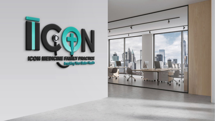 A 3D logo for 'ICON MEDICINE FAMILY PRACTICE' is displayed on a white wall to the left, with the tagline 'Inspiring Your Better Health' below. To the right, a modern office space with large windows overlooks a cityscape. Desks with computers and office chairs are visible in the office.