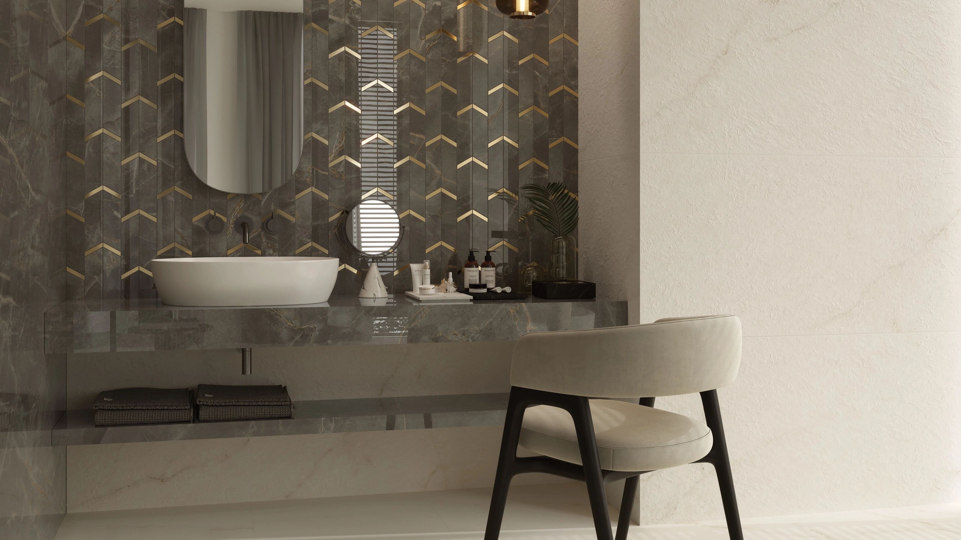 Calacatta Apuano Bathroom - chair infront of basin.