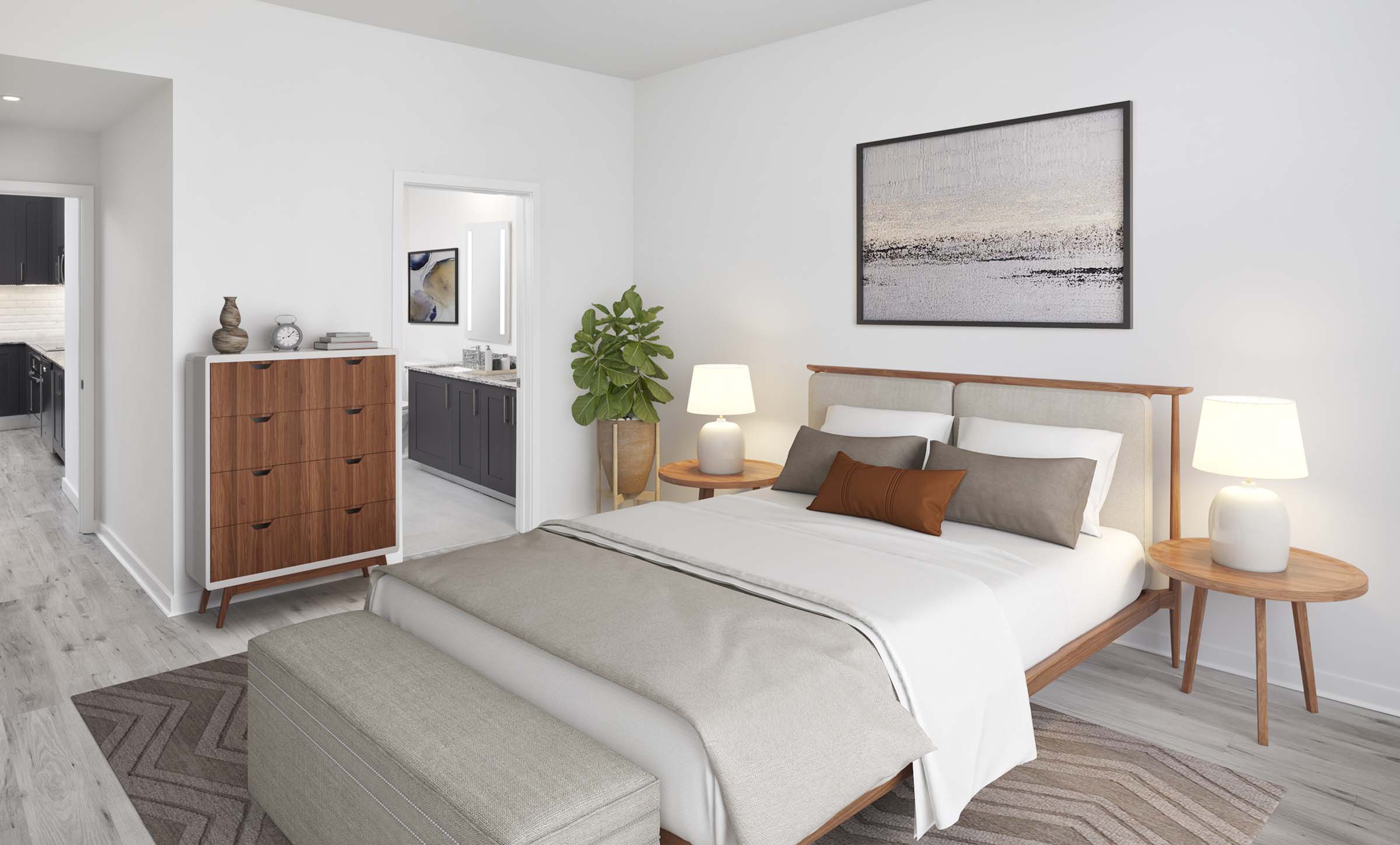 Bedroom with ensuite bath at Camden Central high-rise apartments in St. Petersburg, FL