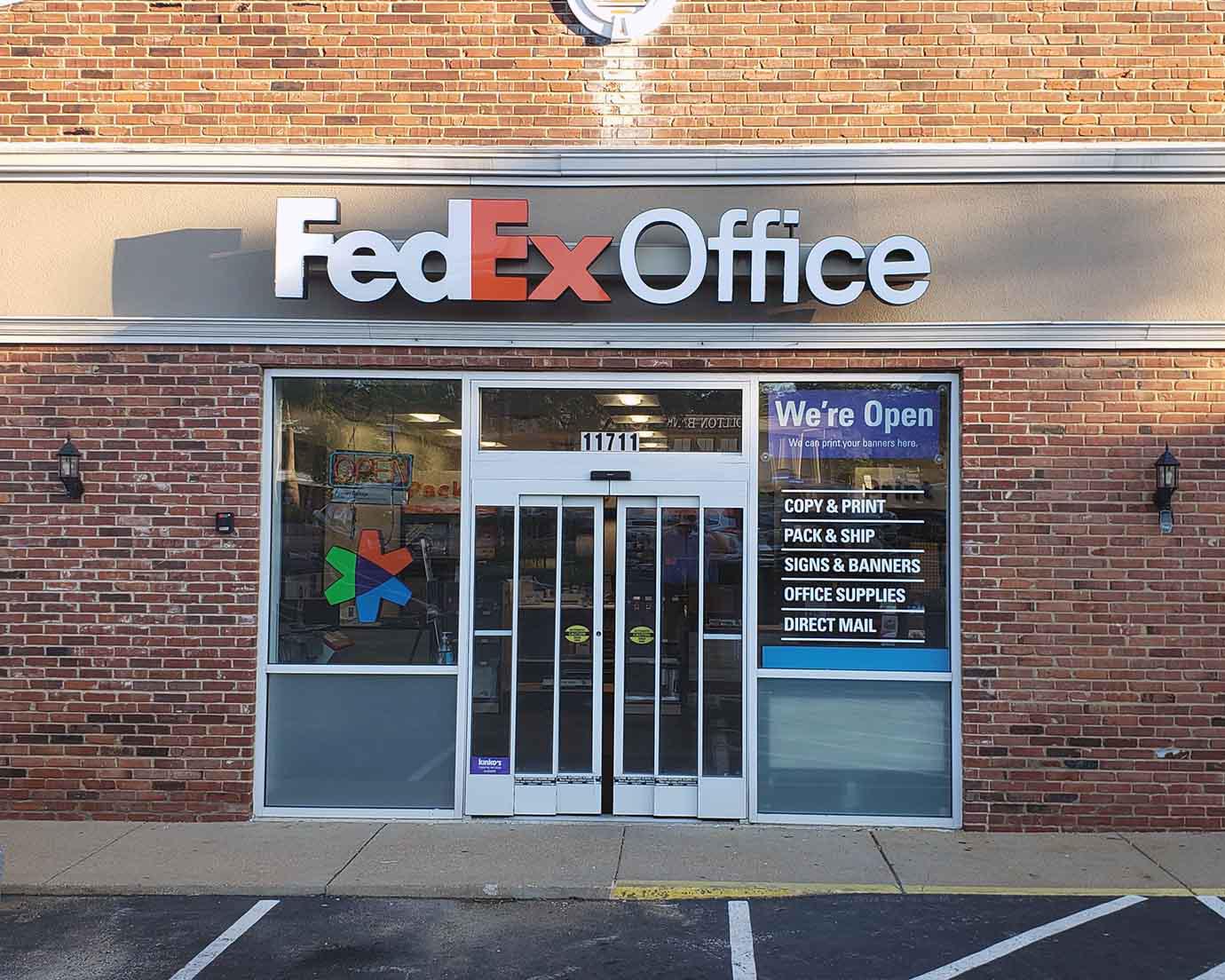 Exterior photo of FedEx Office location at 11711 Manchester Rd\t Print quickly and easily in the self-service area at the FedEx Office location 11711 Manchester Rd from email, USB, or the cloud\t FedEx Office Print & Go near 11711 Manchester Rd\t Shipping boxes and packing services available at FedEx Office 11711 Manchester Rd\t Get banners, signs, posters and prints at FedEx Office 11711 Manchester Rd\t Full service printing and packing at FedEx Office 11711 Manchester Rd\t Drop off FedEx packages near 11711 Manchester Rd\t FedEx shipping near 11711 Manchester Rd