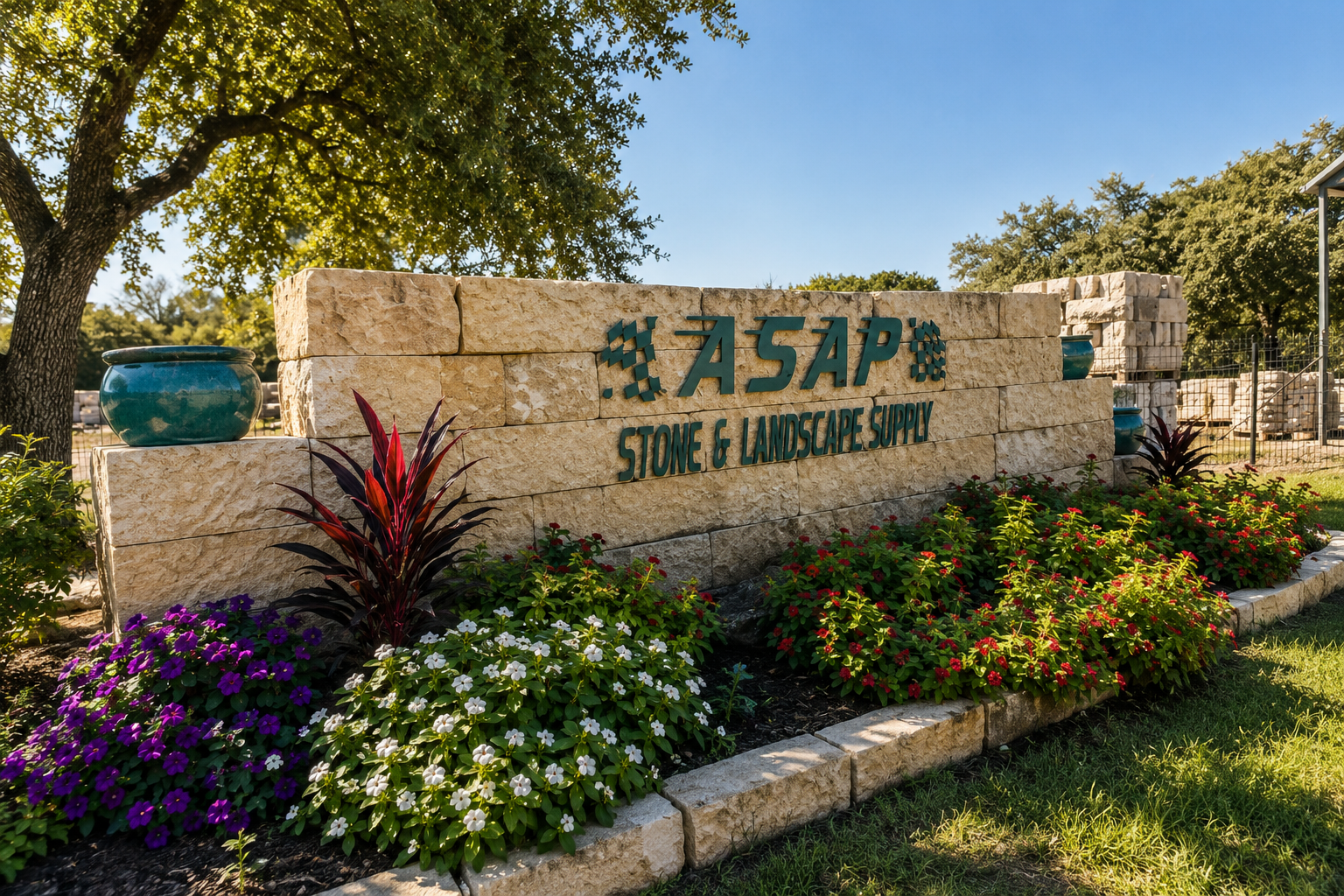 ASAP Stone & Landscape Supply’s Austin stone yard entrance, featuring a natural limestone sign, colorful landscaping, and a showcase of the materials customers can find for outdoor projects.