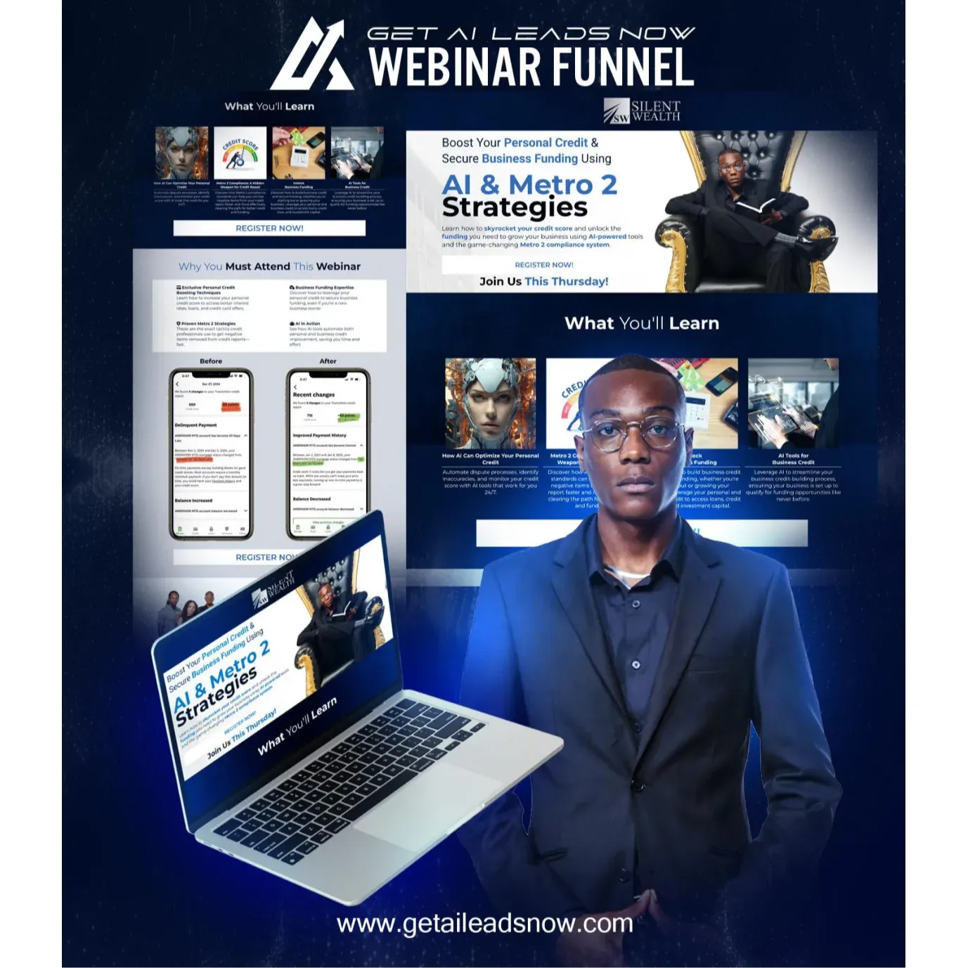 AI & Metro 2 Webinar Funnel:
Promote high-value educational content with this webinar funnel, created to drive registrations and build email lists. Perfect for credit strategists and financial educators, this funnel integrates webinar details, testimonials, and before/after visuals to drive urgency.