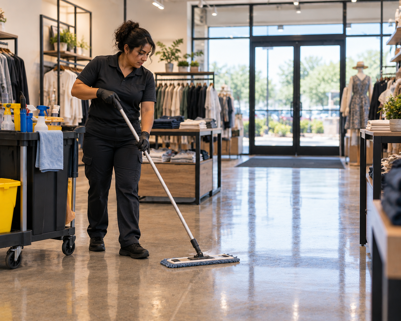 Professional commercial cleaning in a Phoenix-area retail store, with a cleaner mopping hard-surface flooring near merchandise displays and the customer entrance.