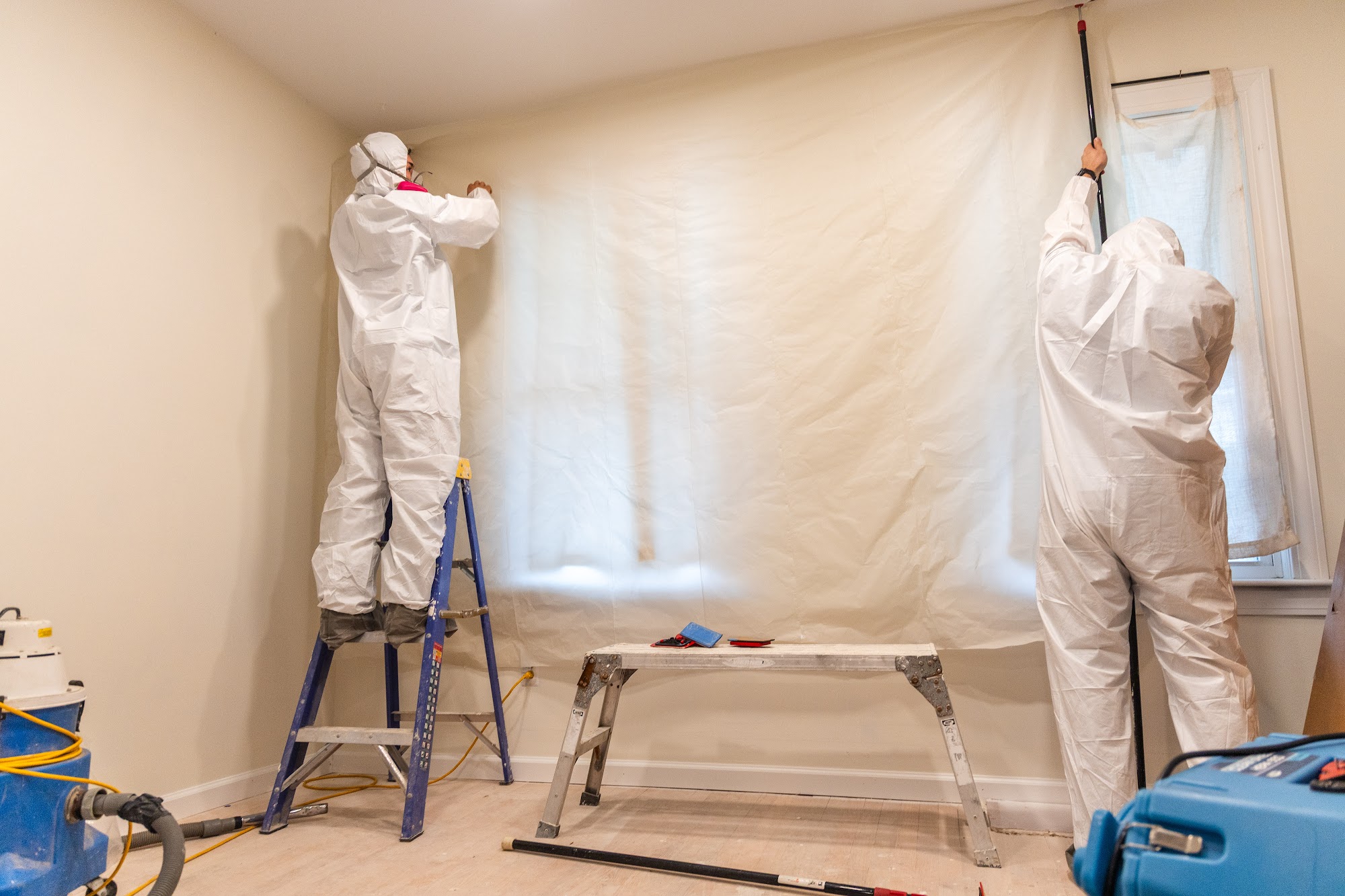 Room containment set up by CT Mold Remediation Specialists to prevent mold spores from spreading dur 
