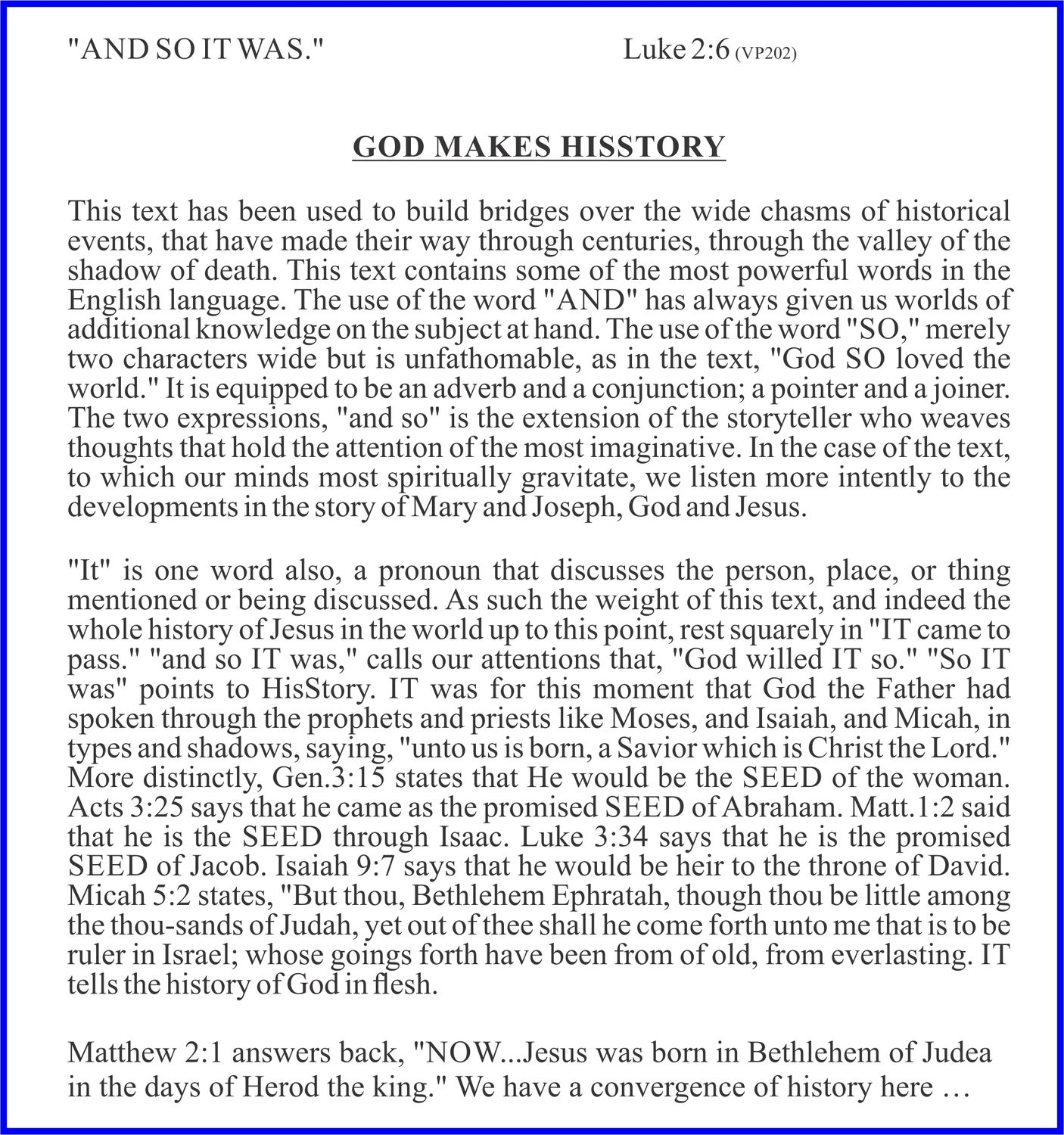 A close-up shot of a document containing biblical text, with the title "GOD MAKES HISSTORY" prominently displayed. The text discusses the significance of words like "And" and "So" within biblical narratives, referencing specific verses from Luke, Genesis, Matthew, and Micah. The document is primarily black text on a white background.