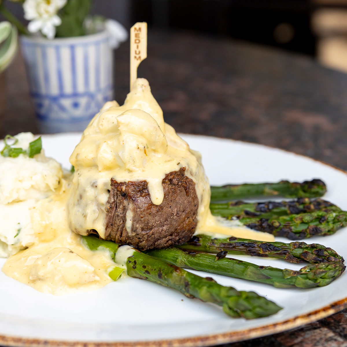 Signature Filet | 8oz center cut tenderloin, potato choice & grilled asparagus | Oscar Style