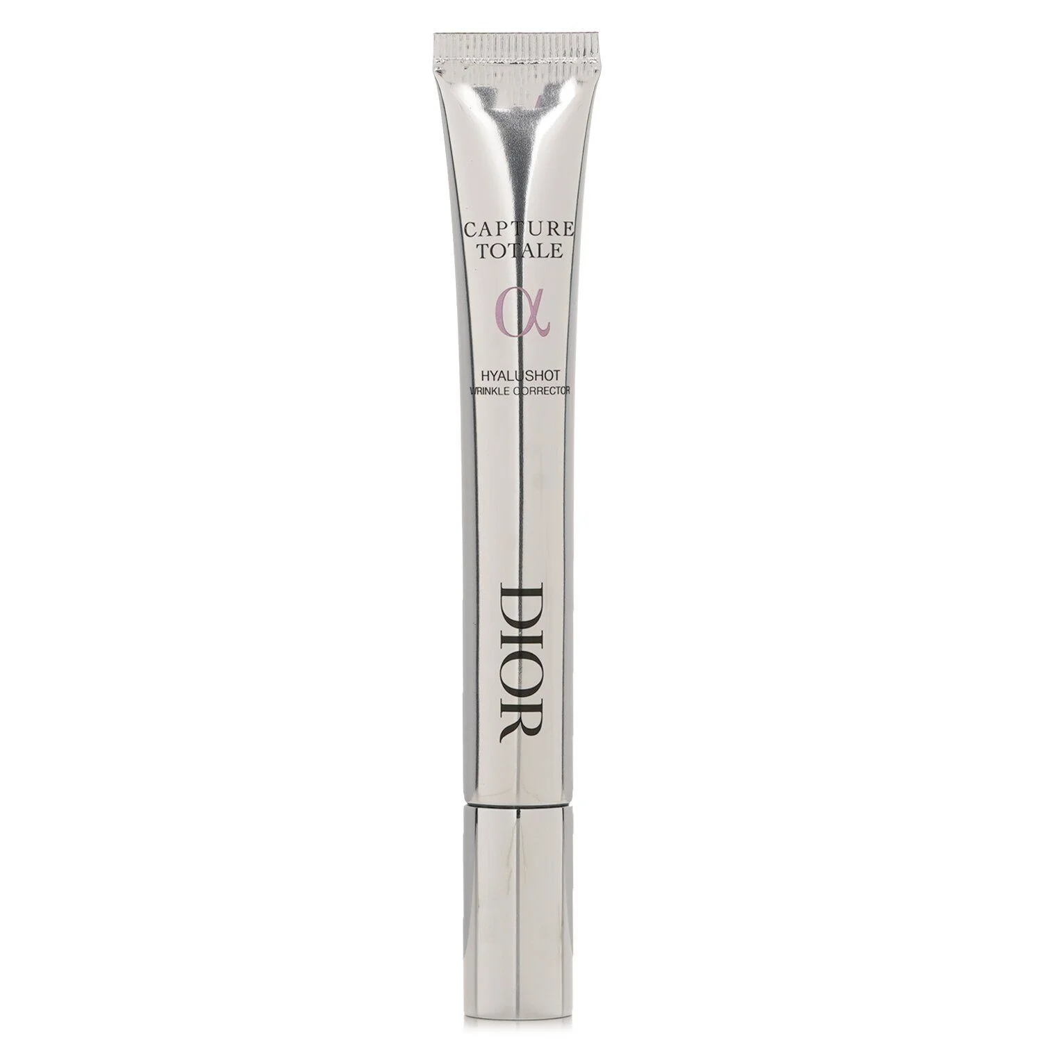 A silver tube of Dior Capture Totale Hyalu Shot Wrinkle Corrector stands vertically against a white background. The tube is metallic with a cap at the bottom. Text on the tube reads 'CAPTURE TOTALE', a stylized alpha symbol, 'HYALU SHOT', and 'WRINKLE CORRECTOR'. The 'DIOR' logo is prominently displayed vertically along the side of the tube.