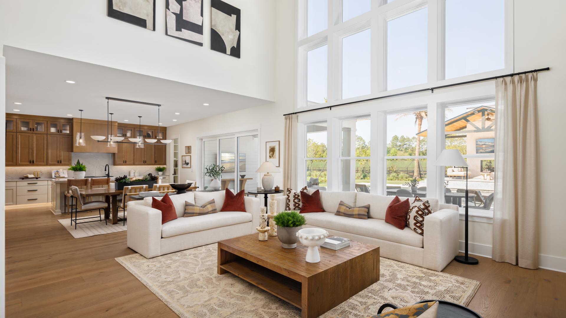 Spacious great rooms open to kitchens 