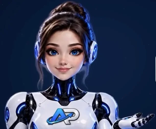 A digital illustration of a female android with bright blue eyes and brown hair styled in a bun. She is wearing a white and black robotic suit with blue accents, and headphones. A blue and white logo is visible on her chest.